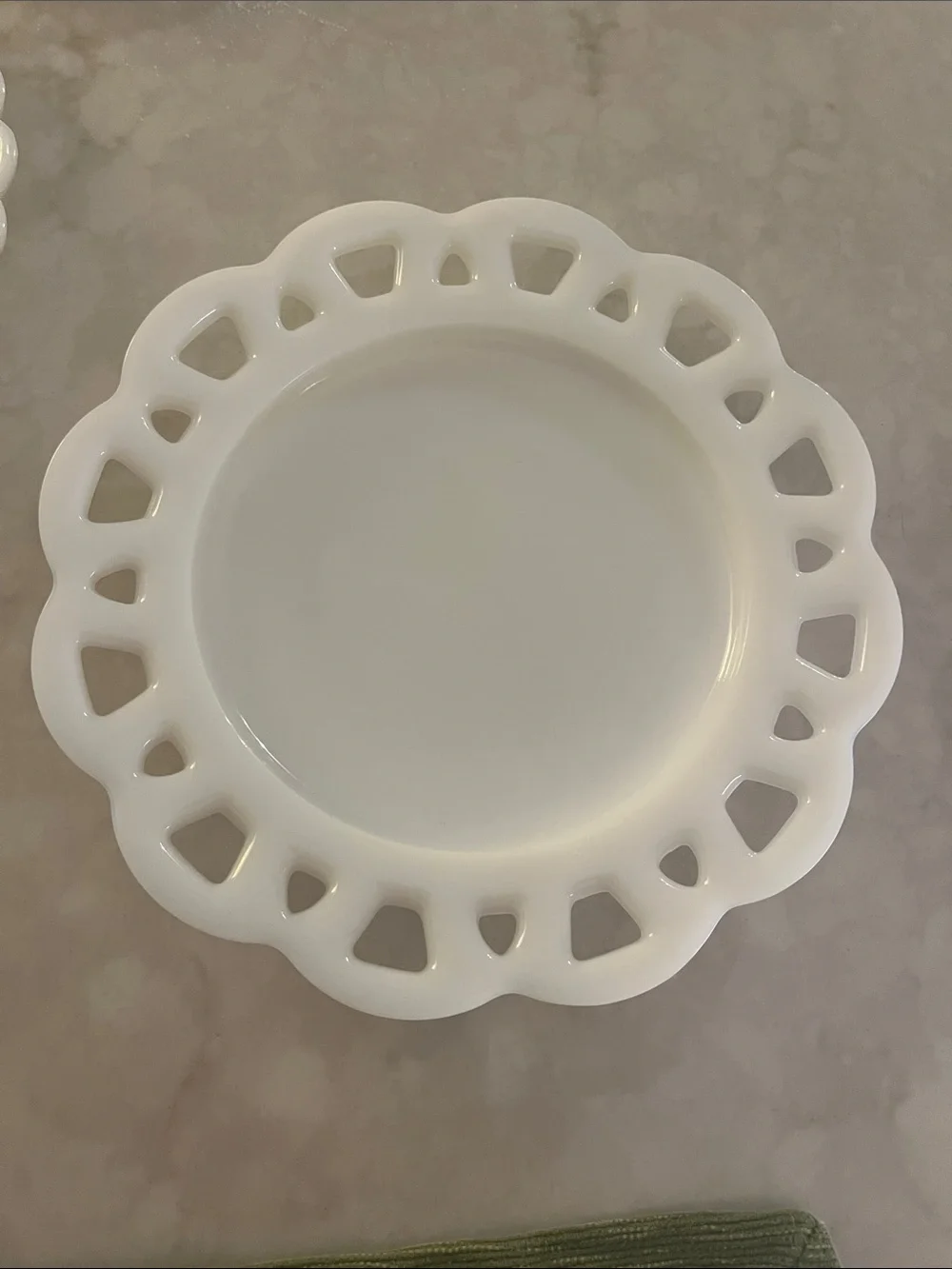 Lot of 3 Vintage White Milk Glass Dessert Plates w/ Scalloped cut out edge